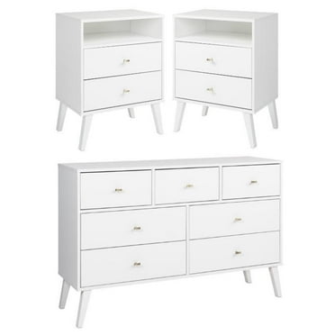 Home Square 3-Piece Set with 2 Tall Nightstands and 7-Drawer Dresser in White