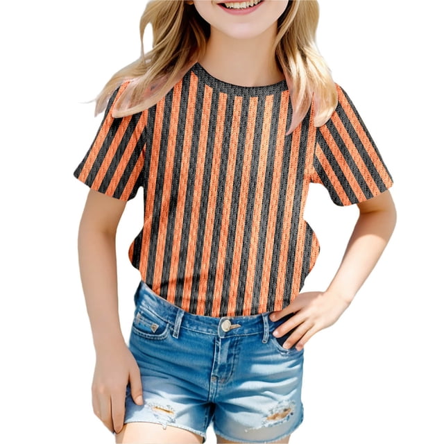 GDREDA T-Shirt Graphique à Manches Courtes Rayé de Carnaval pour Garçons, Chemise de Fête Colorée, Haut Décontracté Confortable pour Enfants, Orange,120