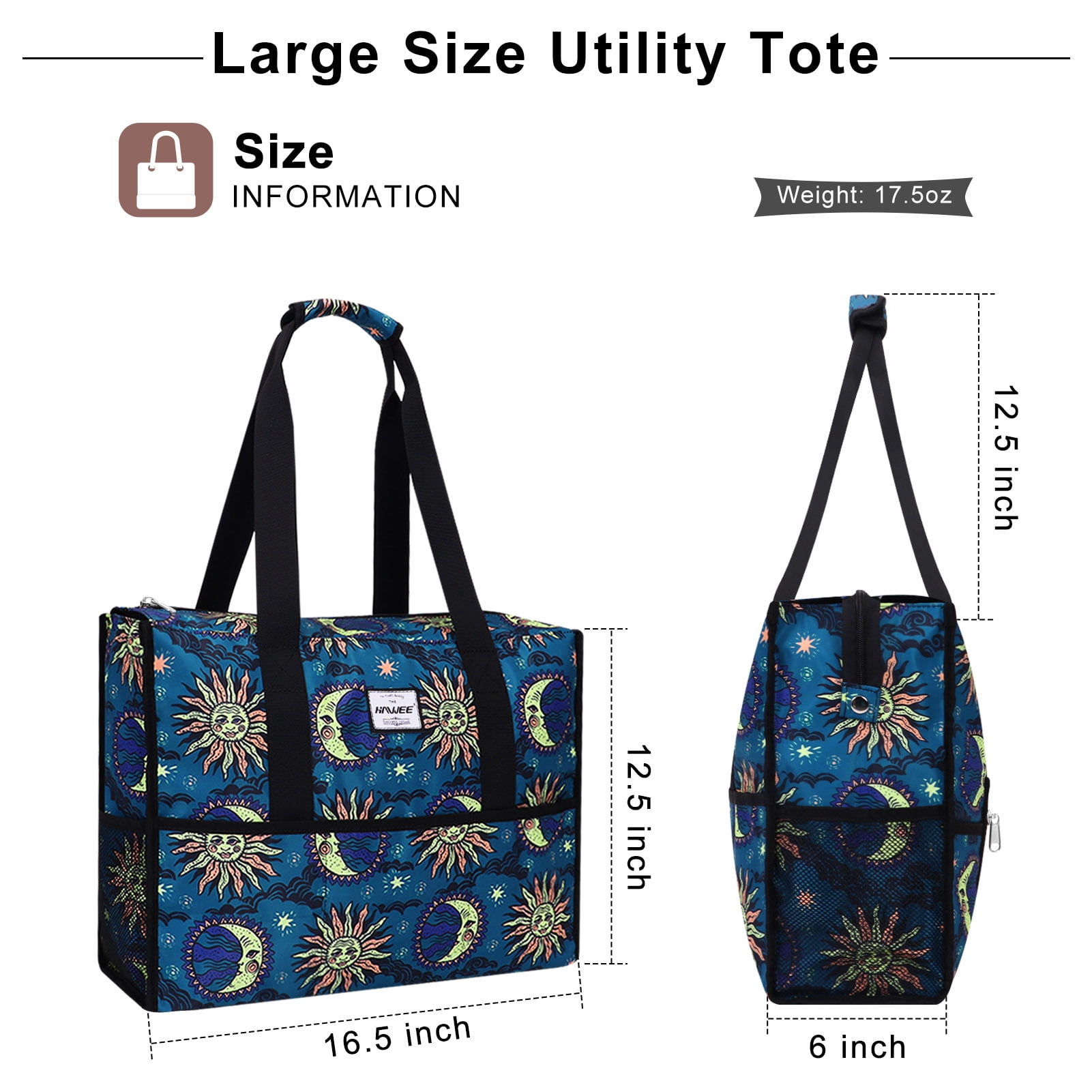 HAWEE Multi Pocket Tote Bag with Laptop Sleeve Large Multipurpose Organizer Bag for Teachers/ Nurses/ Doctor/ Traveller, Sun and Moon
