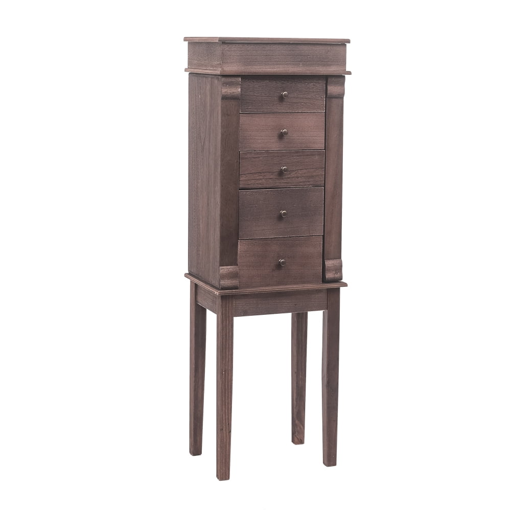 Lowestbest Standing Jewelry Armoire with Mirror, Jewelry Cabinet Chest with 5 Drawers & 8 Necklace Hooks