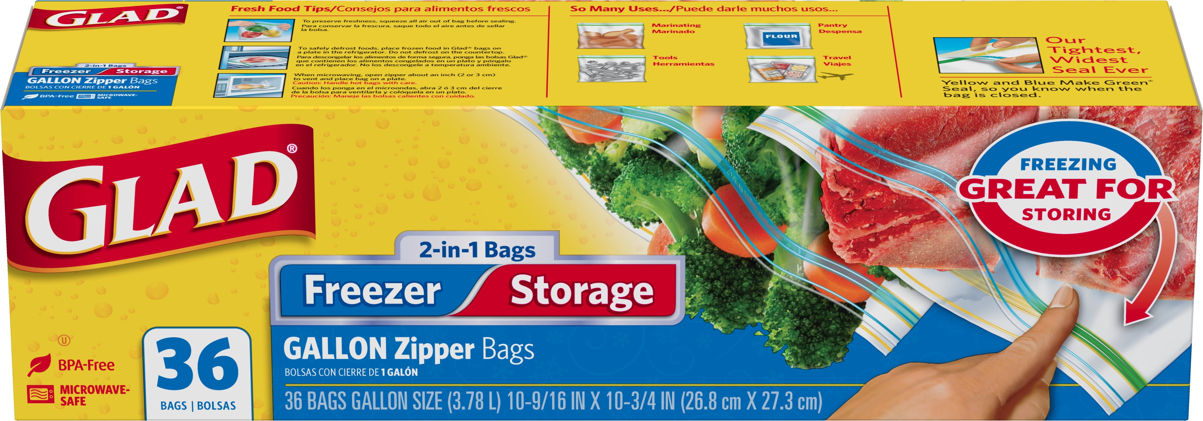 Glad Food Storage And Freezer 2 In 1 Zipper Bags Gallon 36 Count