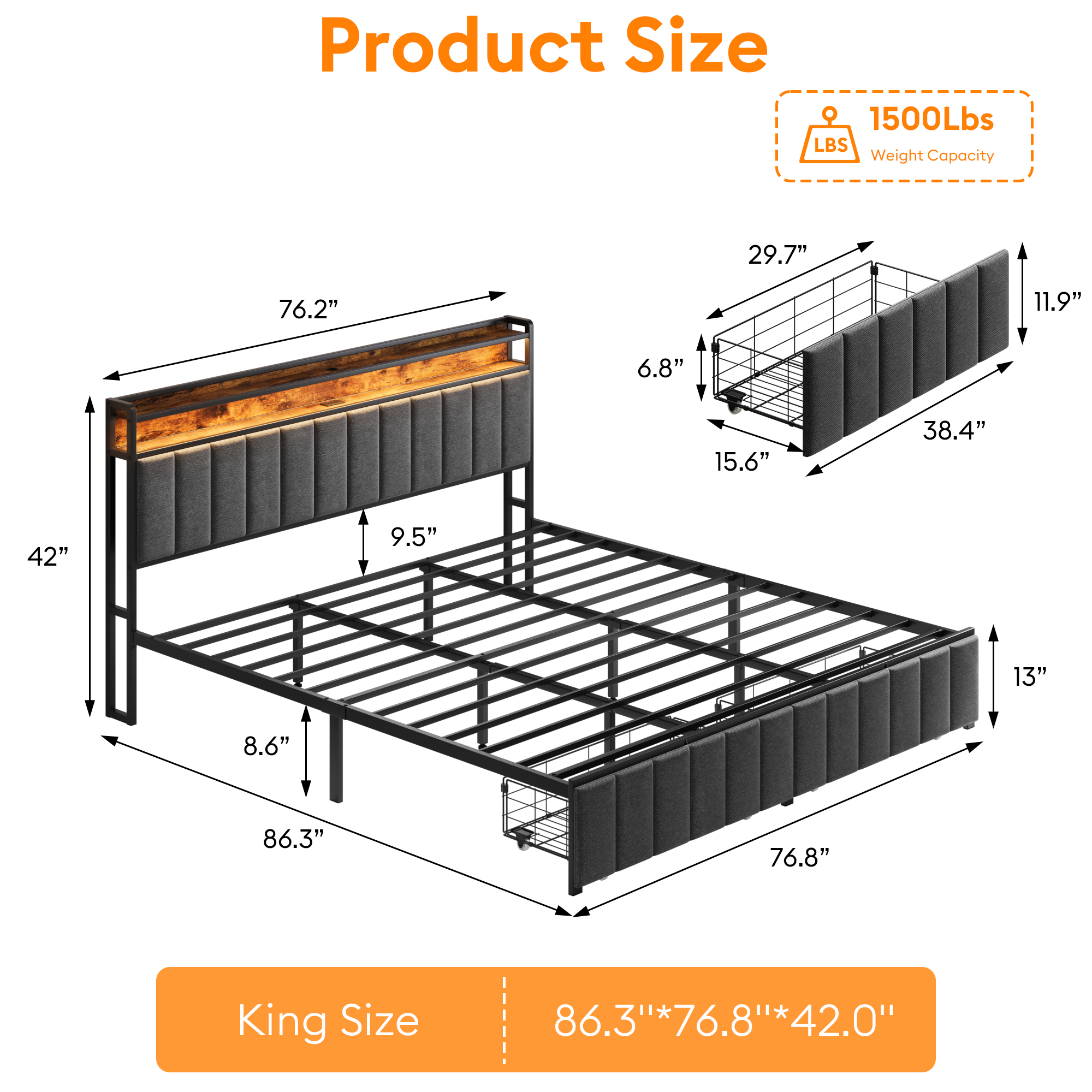 King Bed Frame with Storage, Upholstered Bed Frame with LED Lights Headboard and 2 Drawers, King Size Bed with Charging Station, Noise-Free, No Box Spring Needed, Easy Assembly, Grey