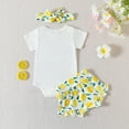 thumbnail image 4 of LNMQLPDBS Cute Summer Sets Lemon Fruit Letters Printed Short Sleeve Romper Bodysuit & Ruffle Trim Print Shorts & Bow Headbands 3pcs Onesies 0-3 Months Unisex Outfits Baby Girl Clothes, 4 of 7
