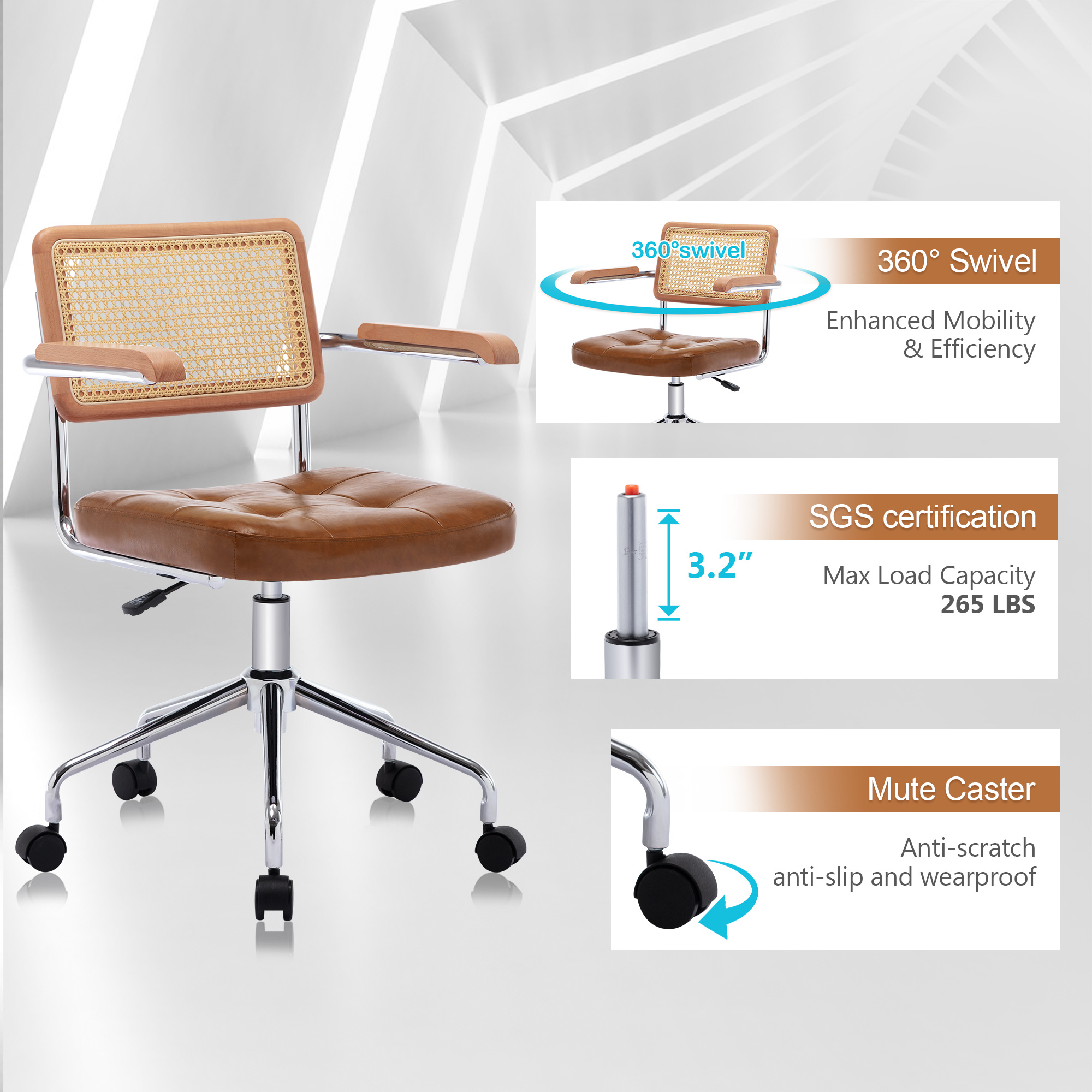 ONEVOG Tufted Leather Desk Chair, Swivel Home Office Chair with Rattan Back, Upholstered Vanity Chair with Arm, Adjustable Height Computer Task Chair, Brown