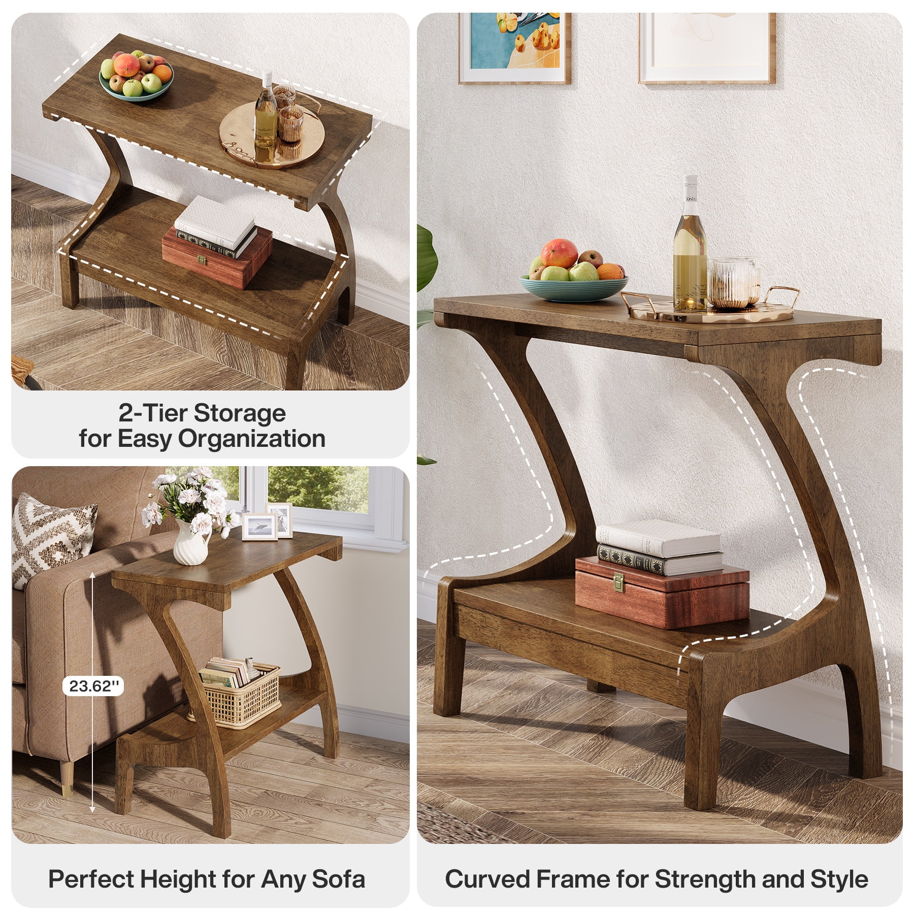 TRIBEWOOD Solid Wood End Table with 2-Tier Storage, Narrow Side Table for Sofa, Brown