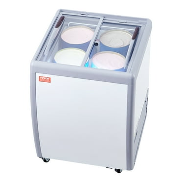 VEVOR Commercial Ice Cream Display Case, 5.6 Cu.ft Chest Freezer, Mobile Glass Top Deep Freezer, Restaurant Gelato Dipping Cabinet, 2 Sliding Glass Doors, Locking Casters, White