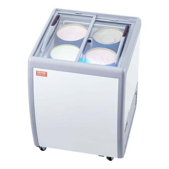 VEVOR Commercial Ice Cream Display Case, 5.6 Cu.ft Chest Freezer, Mobile Glass Top Deep Freezer, Restaurant Gelato Dipping Cabinet, 2 Sliding Glass Doors, Locking Casters, White