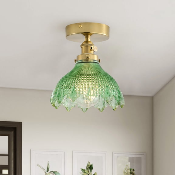 1-Light Flush Mount Ceiling Light with Green Glass Shade, 7.8 IN Vintage Hanging Light for Dining Room, Bedroom & Hallway