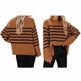 thumbnail image 2 of Women'S Striped Knit Oversized Fall 2025 Trendy Clothes Crewneck Winter Pullover Sweater Side Split Dark Brown L, 2 of 6