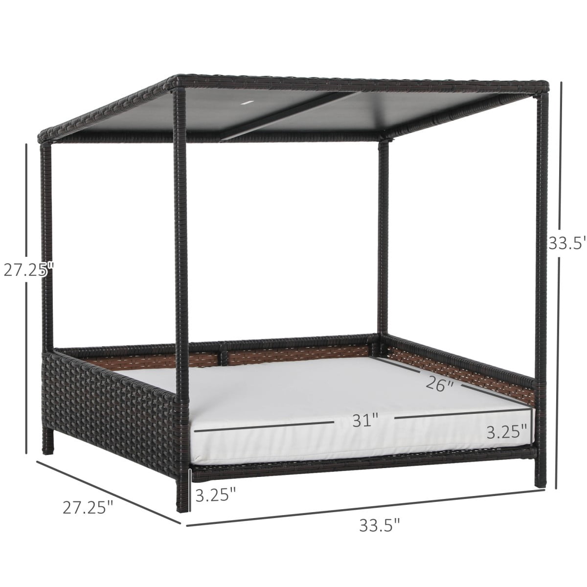 TOPCOMFY Rattan Dog House with Canopy Elevated Base Removable Cushion Wicker Indoor Outdoor Pet Bed