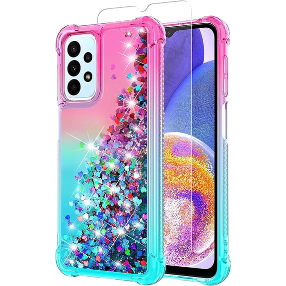 Samsung A23 Case,Galaxy A23 5G Case,with HD Screen Protector,Gradient Quicksand Glitter Liquid Floating Waterfall Durable Girls Cute Phone Case for Samsung Galaxy A23 5G (Pink/Teal)