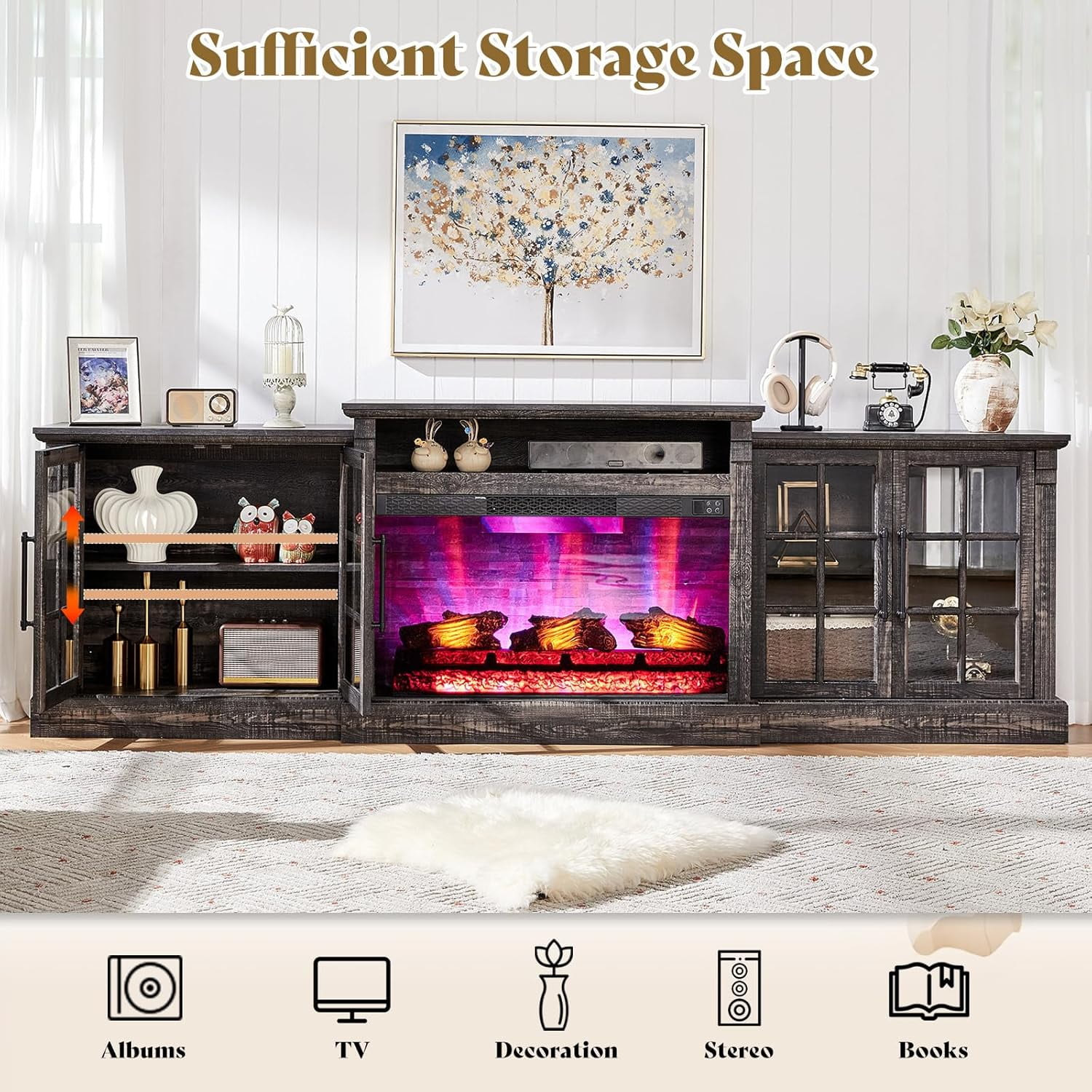 Merluxy 97" Farmhouse Fireplace TV Stand, Entertainment Center with Adjustable Shelf, Black