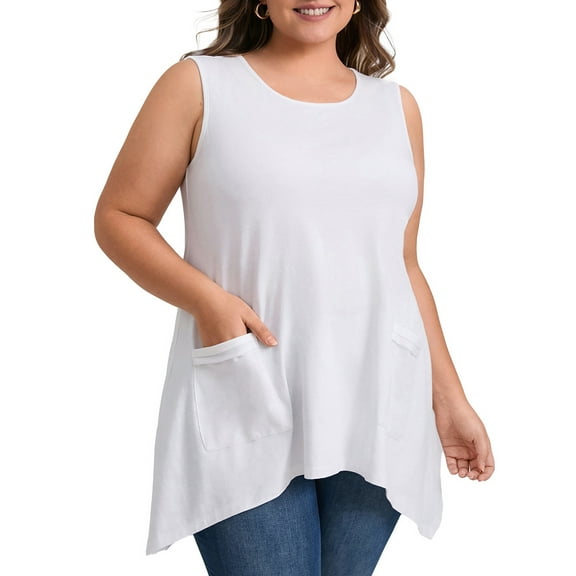 DARING DIVA Women's Plus Tank Top High Low Hem Casual Blouse with Pockets 1X White