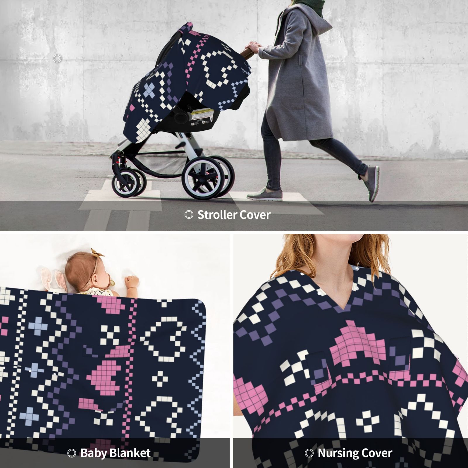 Car Seat Cover Baby - Pixel Heart Winter Breathable Infant Car Seat Cover for Baby Carseat, Lightweight Comfort Baby Essentials Must Haves Newborn Stuff for Girl Boy