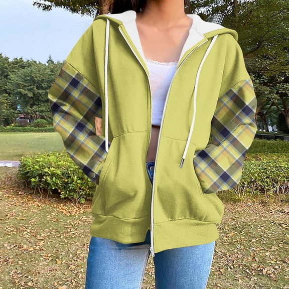 HongQid Women's Casual Color Block Long Sleeve Zip Up Hooded Sweatshirt Lightweight Hoodies Jacket with Pocket
