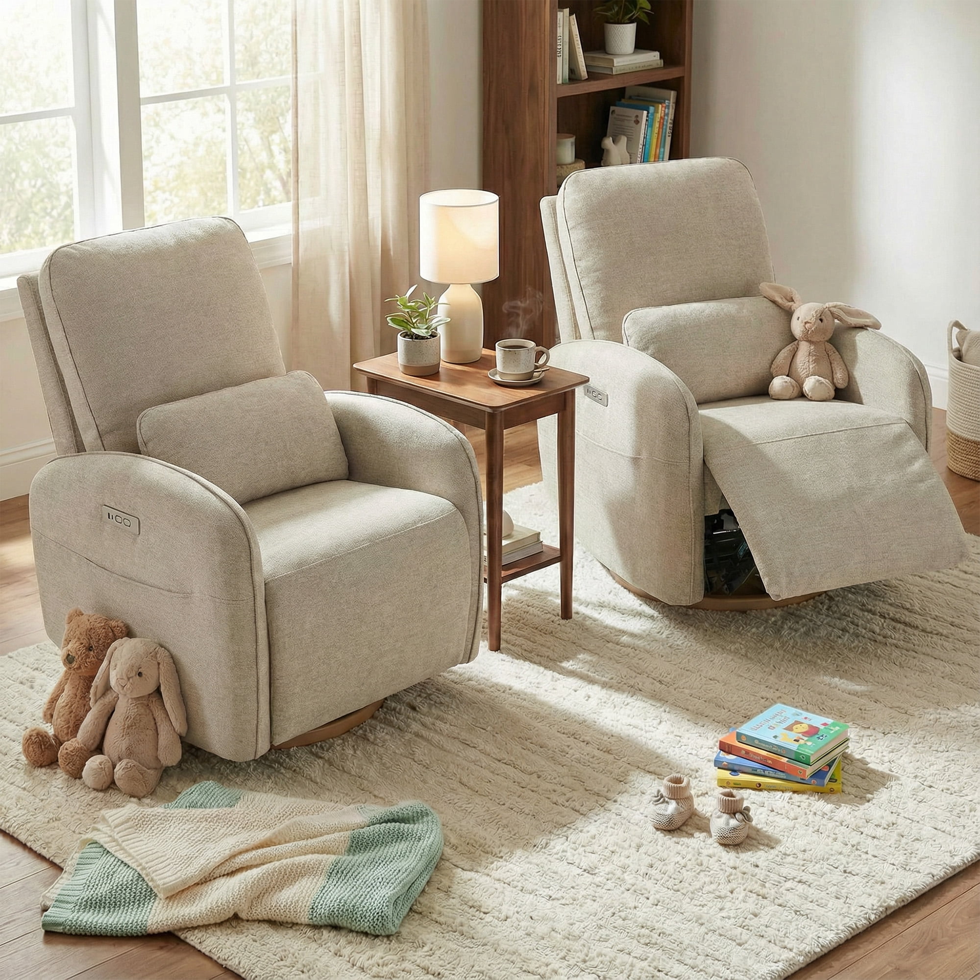 Spruce & Spring Power Swivel Nursery Glider Recliners with Lumbar Pillow and Charging Port, Khaki