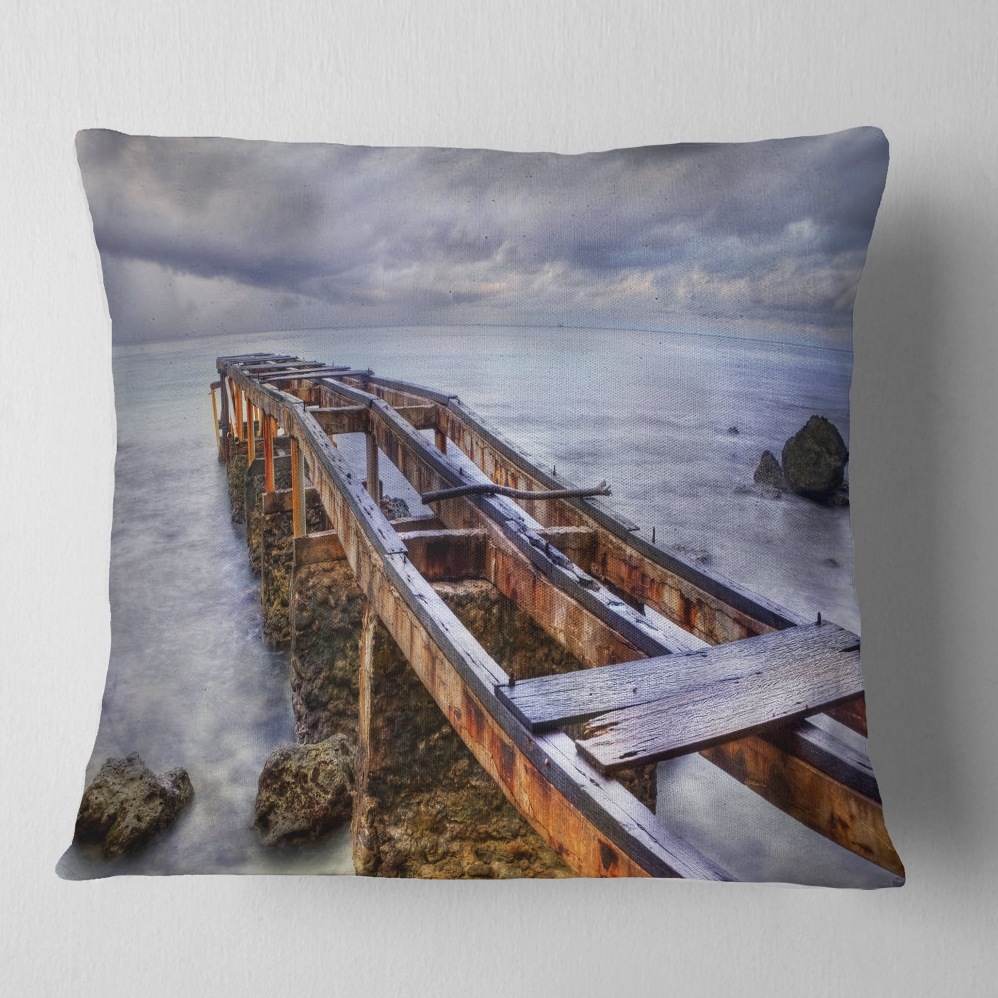 Designart Old Rusty Pier in Cloudy Day - Seashore Photo Throw Pillow - 18x18