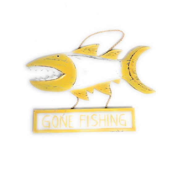 Gone Fishing Sign 15" Shark Attack - Rustic Yellow Nautical Decor | #ort1703940y