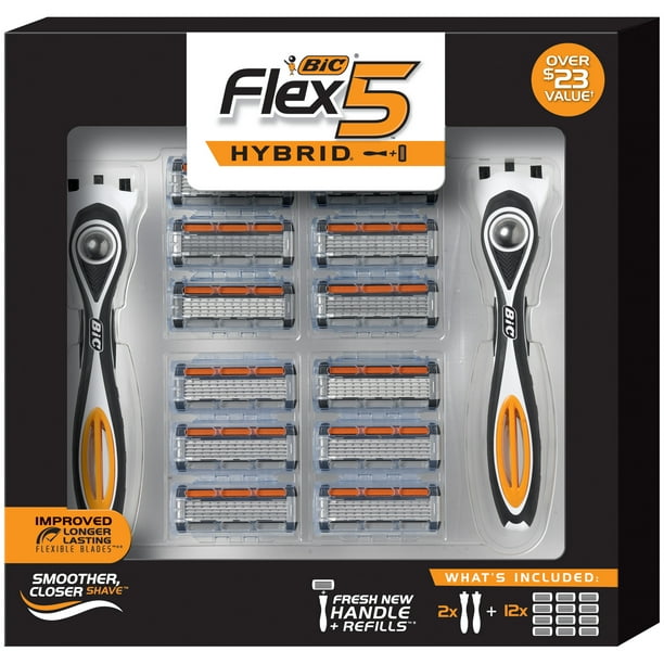 BIC Flex 5 Hybrid Mens Razor, 2 handle and 12 Razor Cartridges Refill