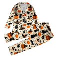 thumbnail image 2 of Wuxian Matching Family Halloween Pajamas Funny Ghost Pumpkin Print Button Up Long Sleeve Satin Blouse And Trousers Sleepwear Comfortable Lightweight Loungewear Outfit For Kids,Beige,7-8 Years, 2 of 7