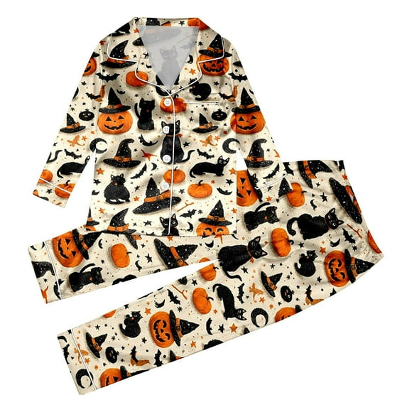 Pyjamas Assortis pour la Famille d'Halloween à Manches Longues, Style Soie, Vêtements de Nuit pour Parents et Enfants, Tenue de Détente Confortable, Costume, Tenue de Fête
