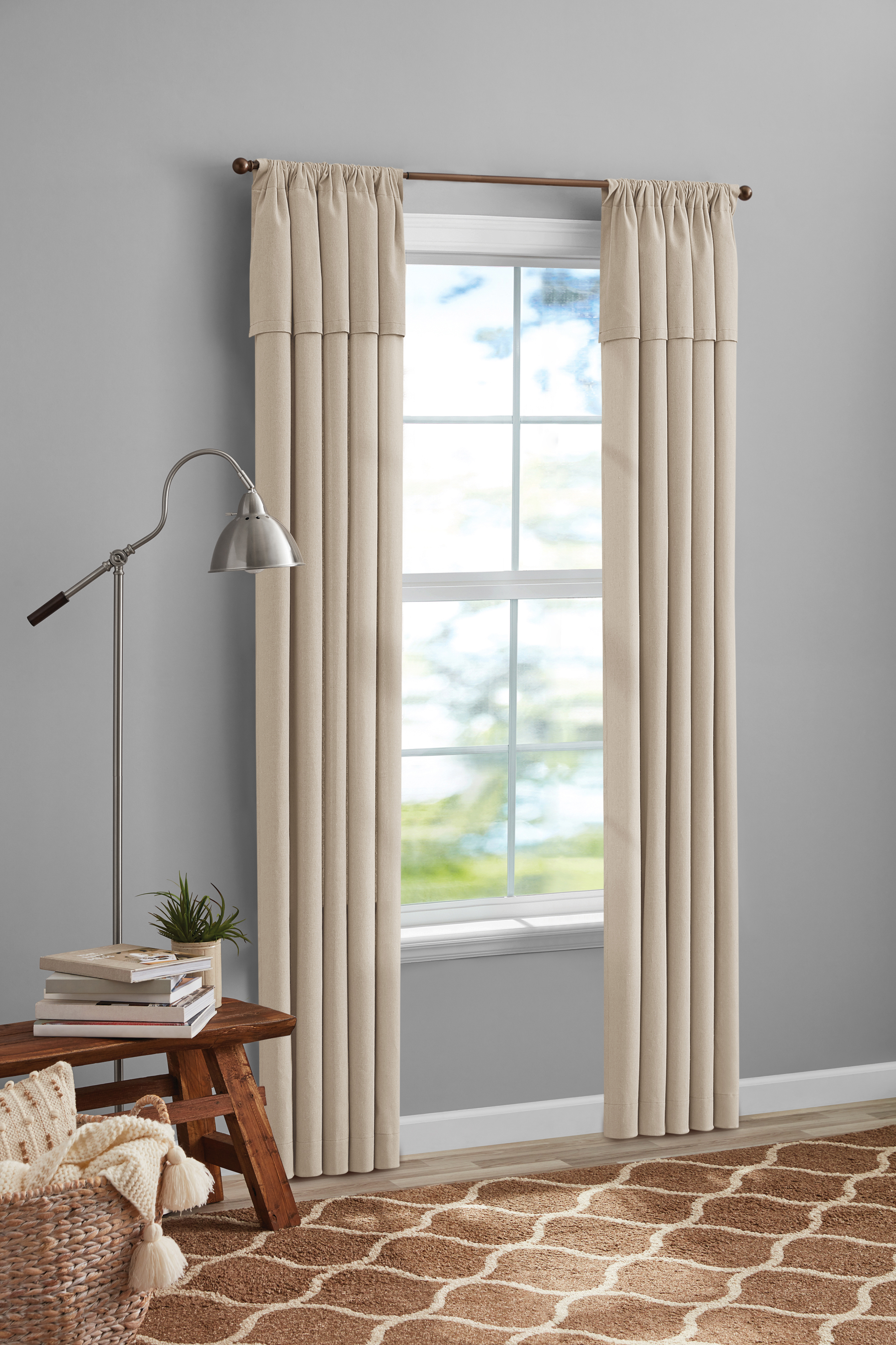 Mainstays Farmhouse Light Filtering Curtain Panel with Attached Valance, 1 Panel, Beige, 50” W x 84” L