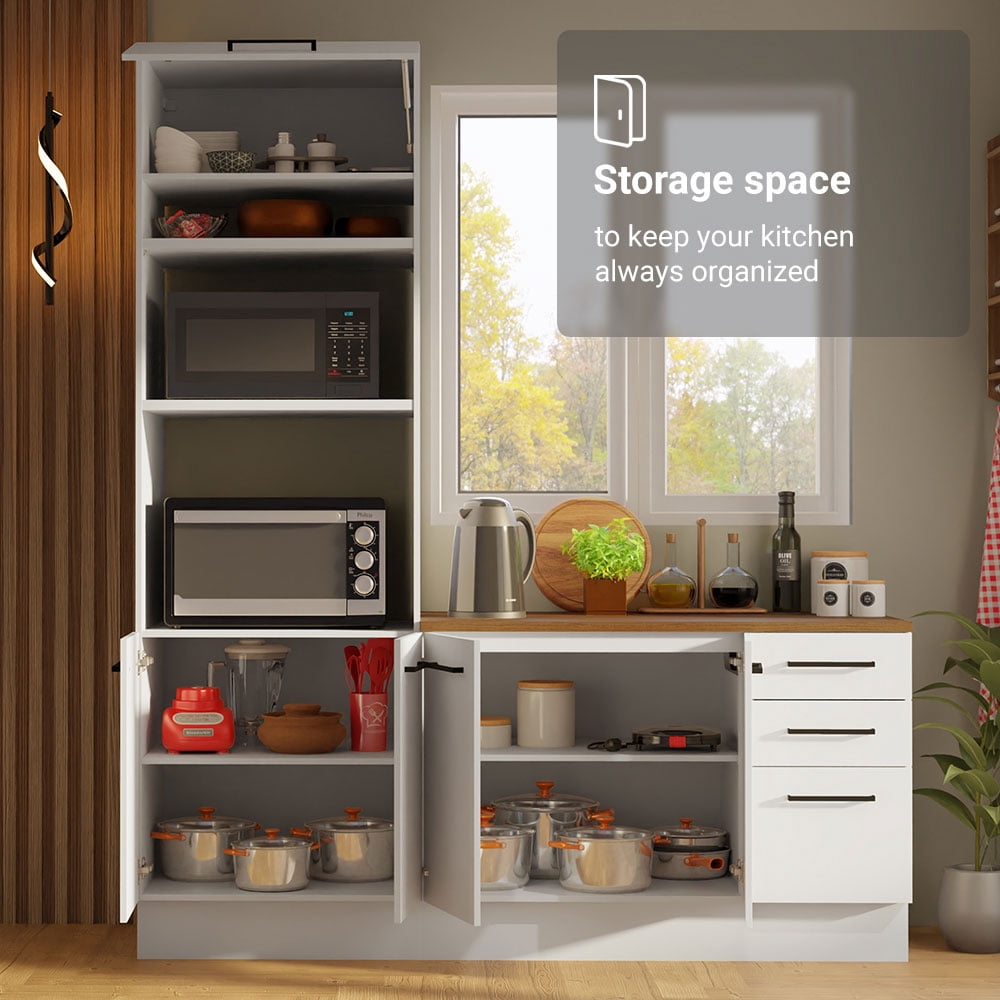 Madesa Hazel 2-Piece Kitchen Storage Set with 3 Door Pantry Cabinet and 3 Drawers Base Cabinet Adjustable Feet 74 Inch Wooden Modern Organization Units - White