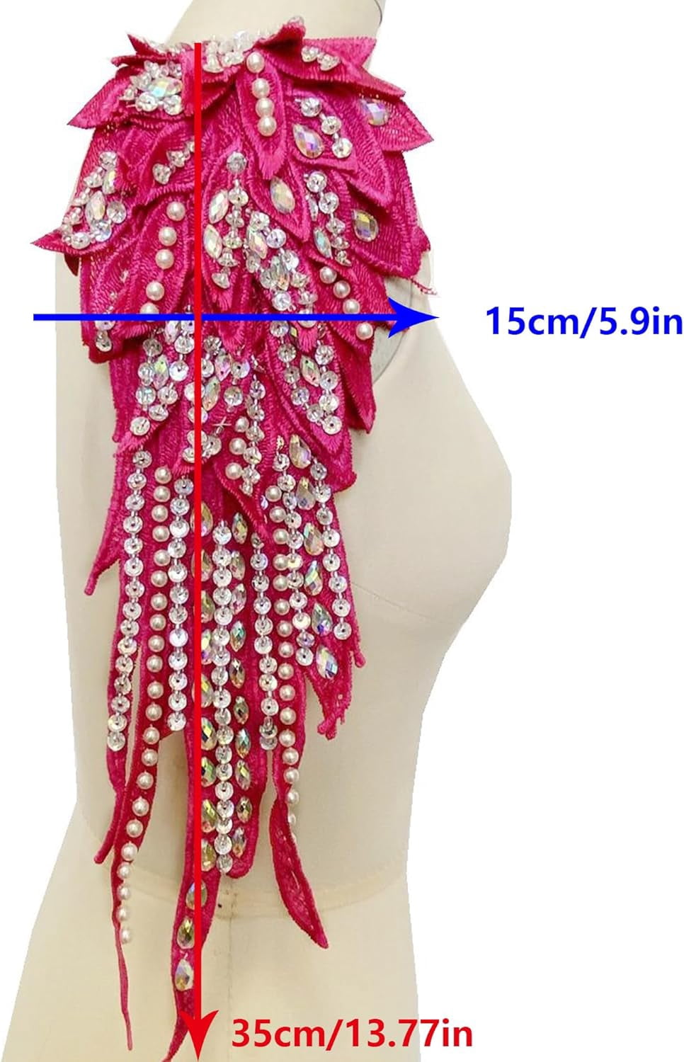 Handmade Rhinestone Pearl Applique: Angel Wing Shape Patches - Lace Applique Beaded Embroidered Trim Patches for Dress Clothes DIY Decoration (Red)