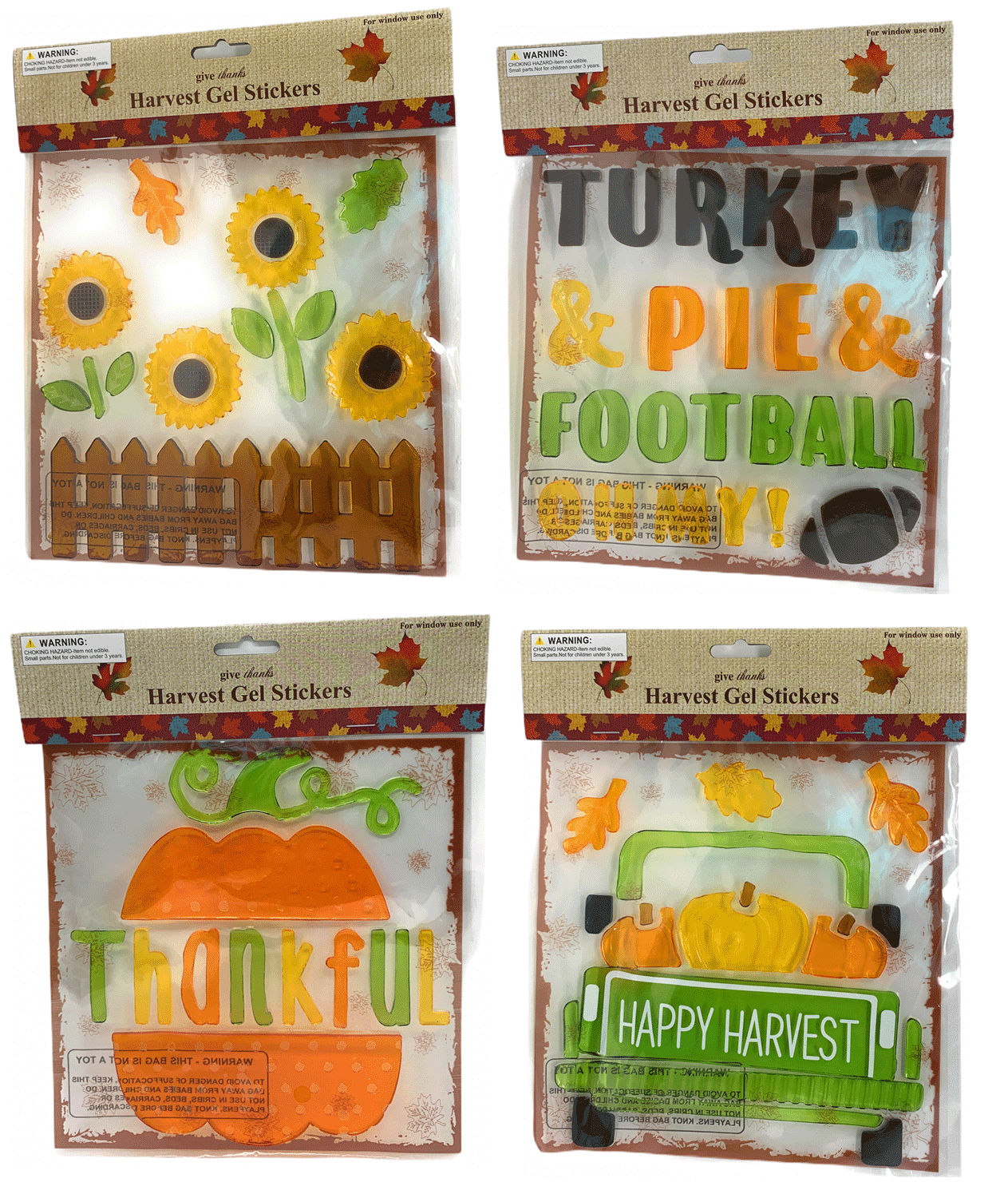 Boston Novelties 4Pack Gel Window Clings Thanksgiving Fall Autumn Set