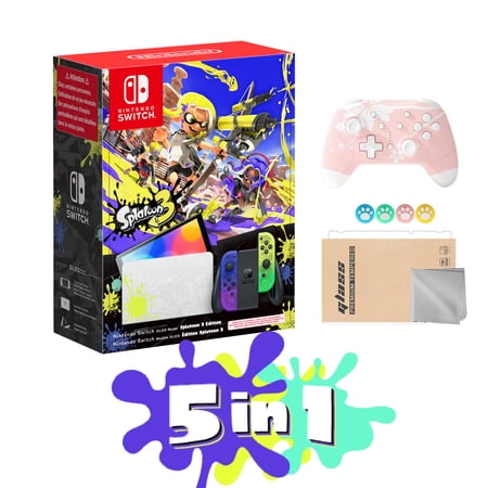 2022 Nintendo Switch OLED Splatoon 3 Limited Edition 5 in1 Bundle, Blue & Yellow Gradient Joy-Con 64GB Console, LAN-Port Graffiti-themed Dock, Mytrix Sakura Wireless Pro Controller & Accessory