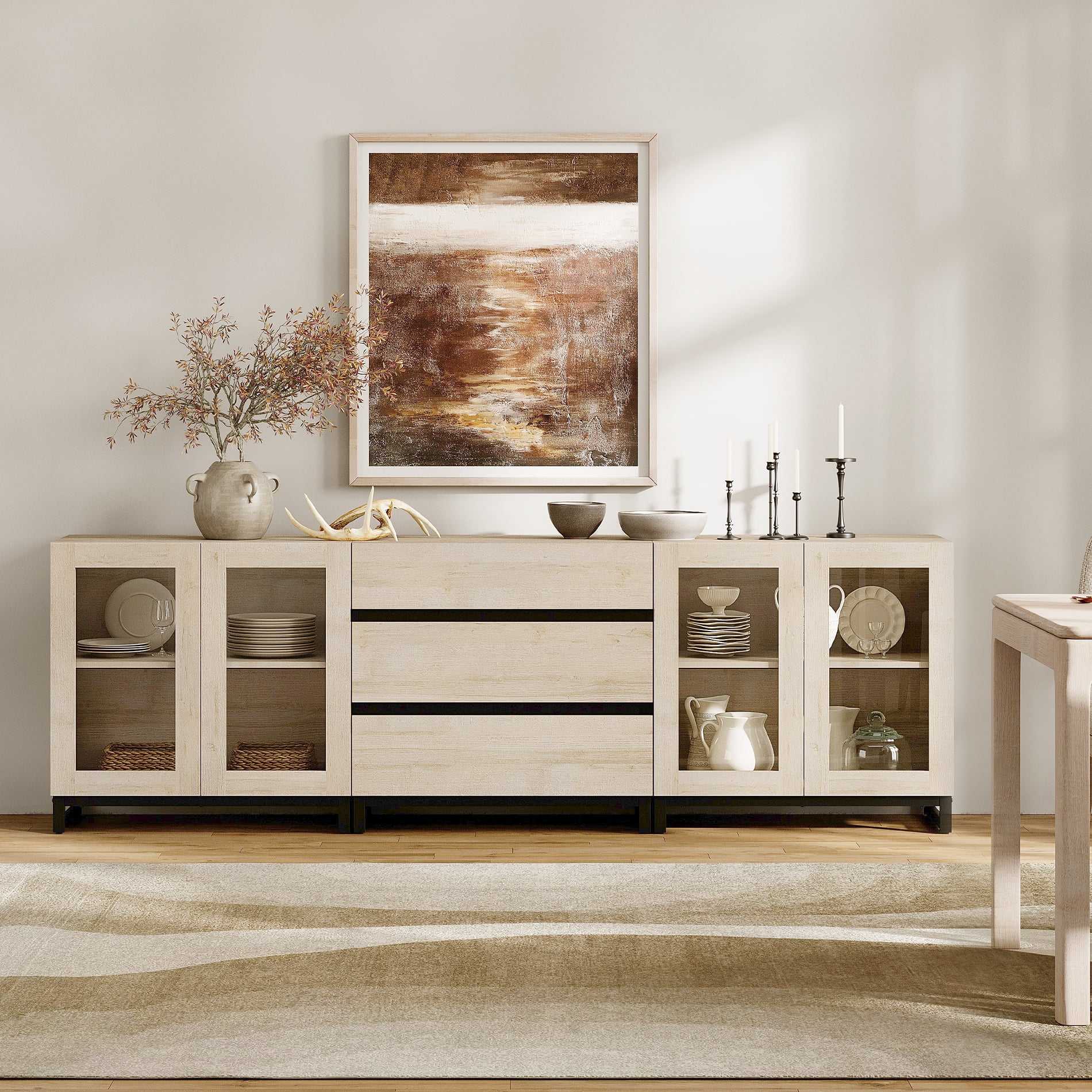 3 In 1 Modern Sideboard With Glass Doors And 3 Drawers,Storage Cabinet With Adjustable Shelves for Living Room, Kitchen,Beige