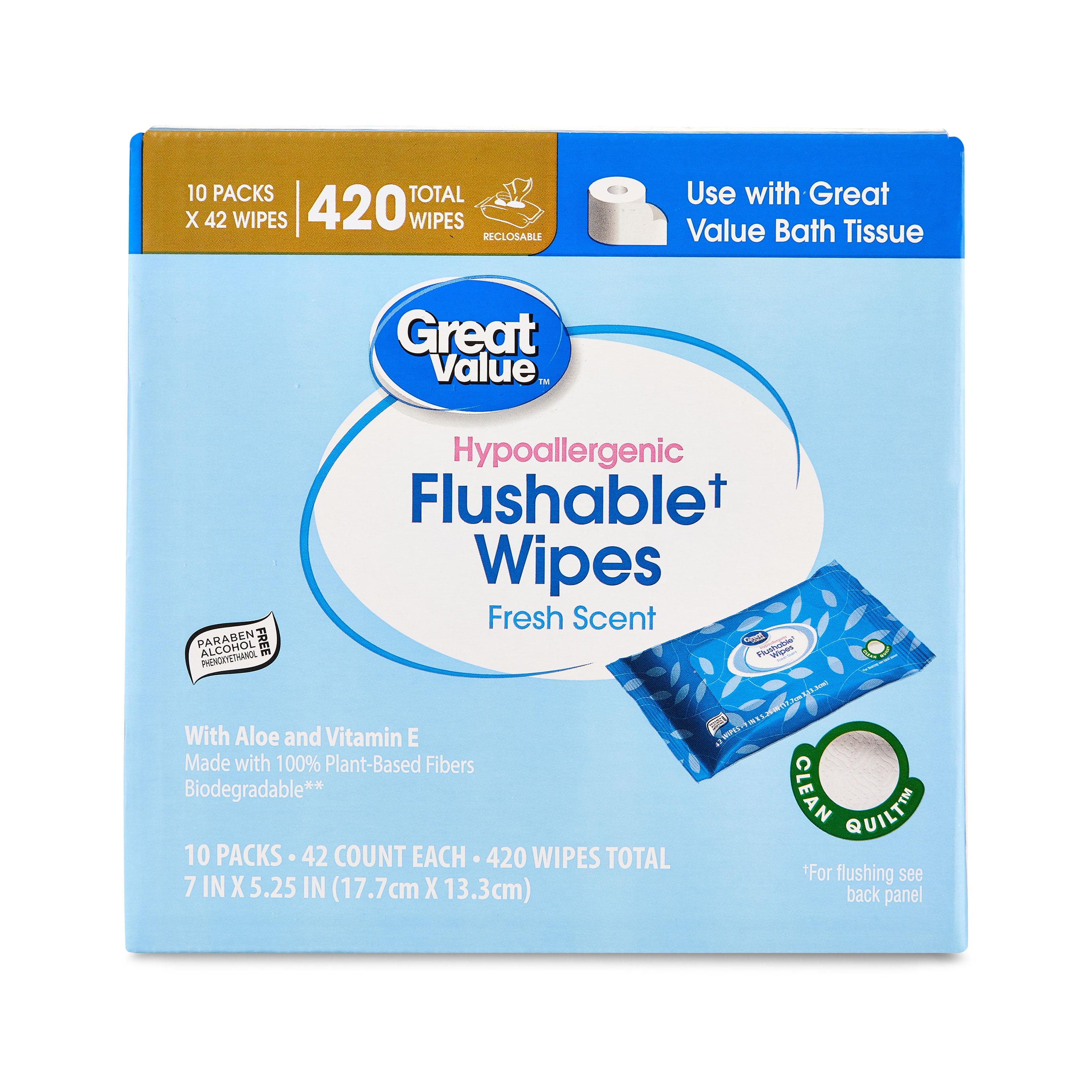Great Value Fresh Scent Flushable Wipes, 10 Resealable Packs, 420 Total Wipes
