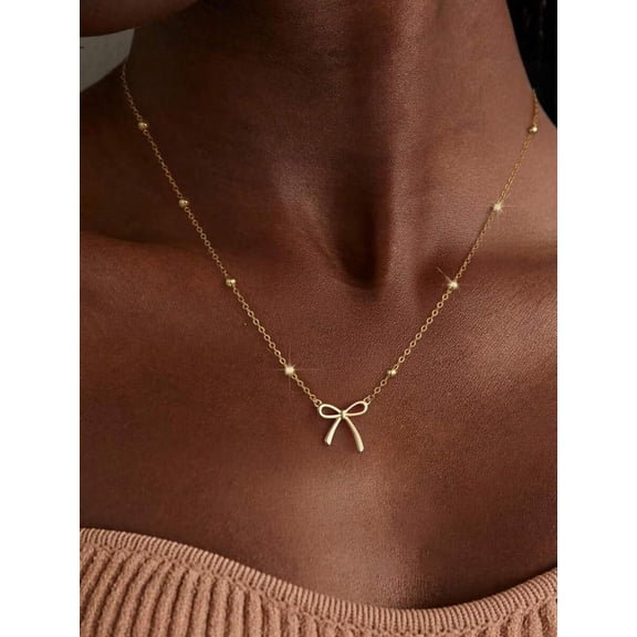 Bow Pendant Beaded Chain Necklace Multicolor Goldtone Fashion Jewelry