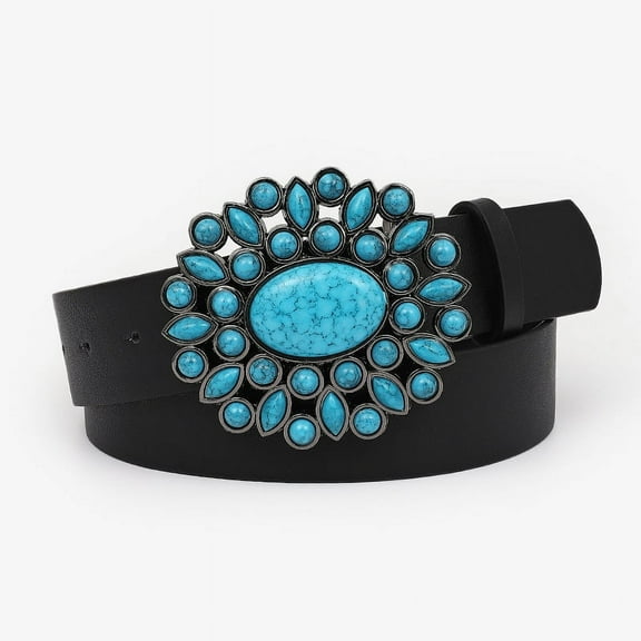 Black Western Vintage Turquoise Belts for Women Men, Embossed PU Leather Country Retro Cowgirl Belts with Big Buckle for Jeans Dresses Pants