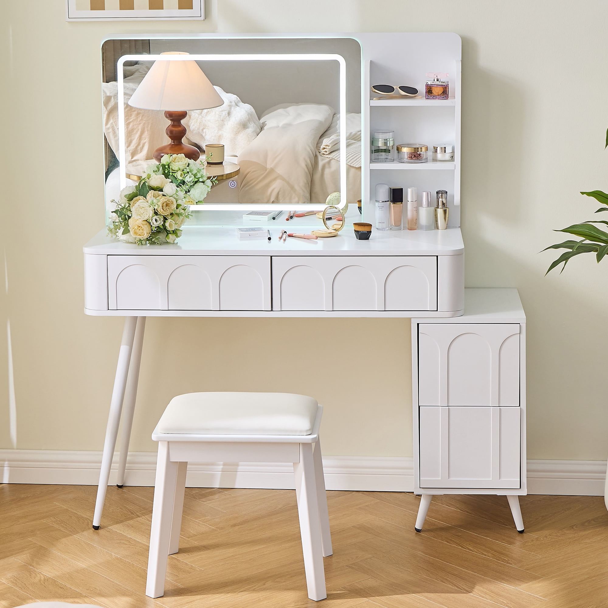 Modern Makeup Vanity Desk with LED Lights & Mirror,4 Drawer Dressing Table Set with 4 Drawer and Stool, 3 Colors Dimmable Brightness for Space-Saving,Bedroom,White