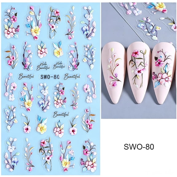 Qocolcyl 5D Embossed Flowers Nail Stickers,Spring 3D Self-Adhesive Floral Nail Decals for Women Acrylic Nails,Wedding Party Daily Holiday Decor