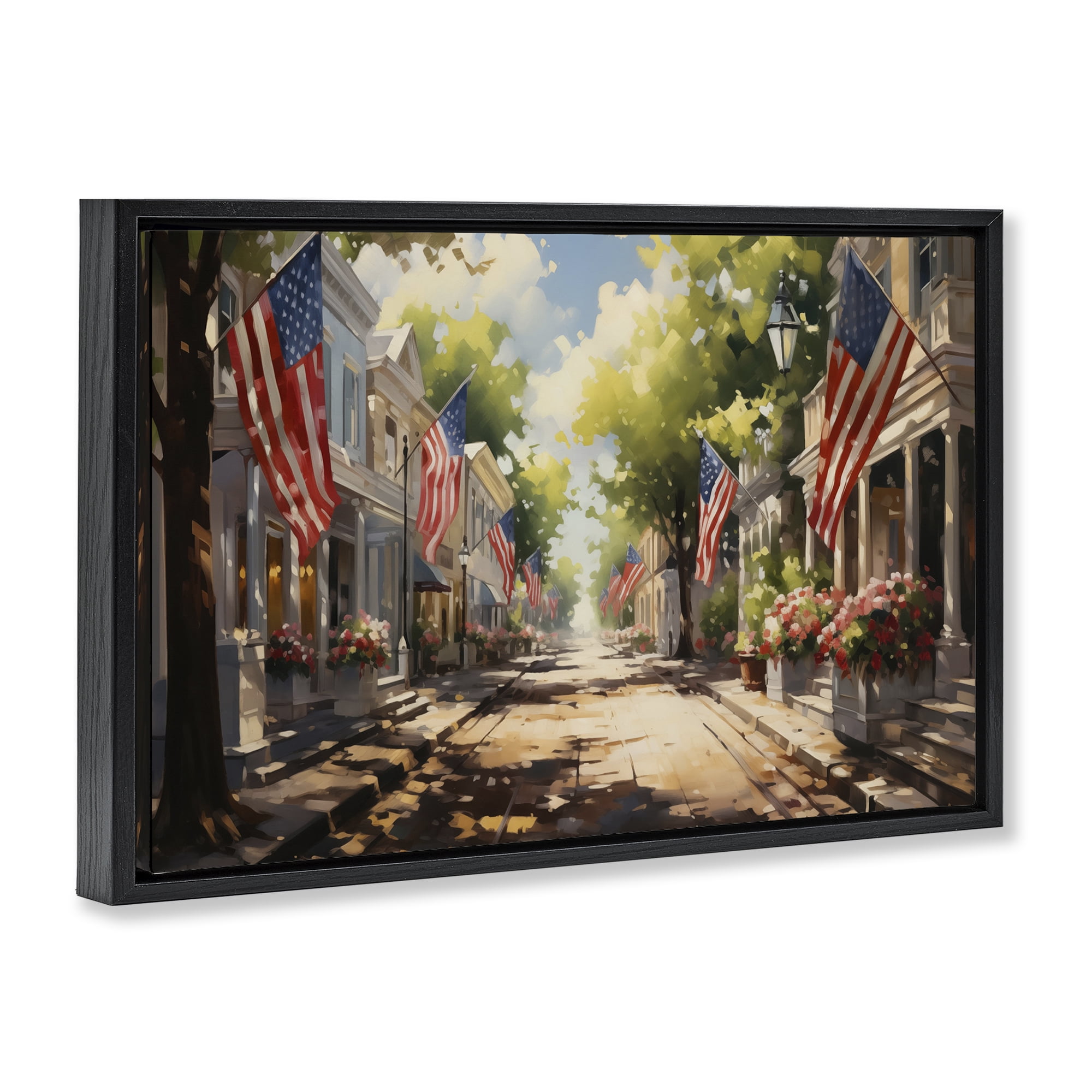 Stupell Industries American Flag Lined Street Scenic & Cityscapes Painting Black Floater Framed Canvas Art Print Wall Art, 25 x 17
