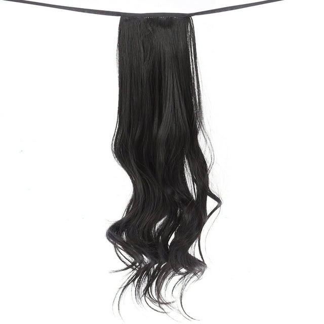 Peluca de pelo rizado de 48 cm de largo con coletas y cordón sintético, extensiones de cola de caballo onduladas (negro natural)