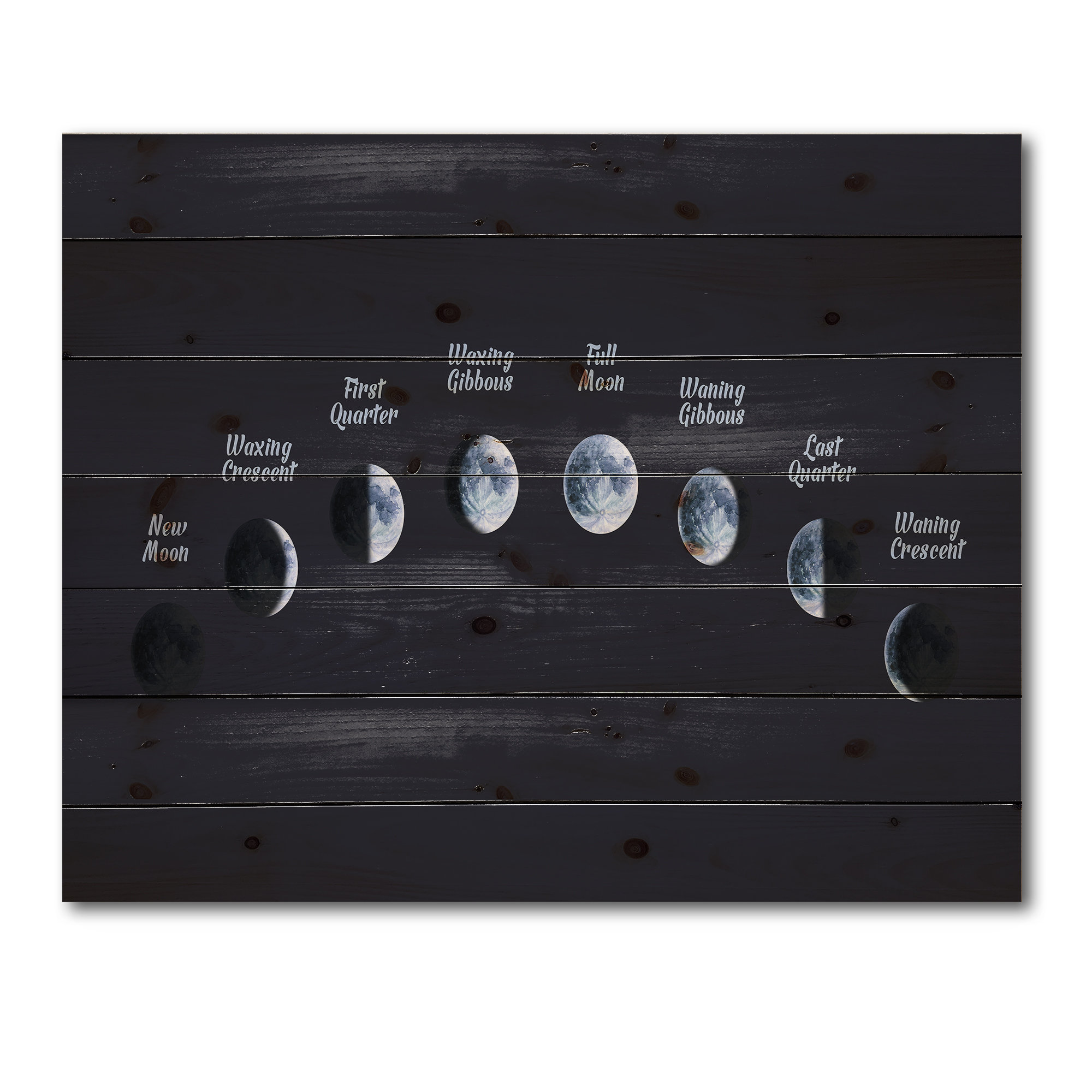 Designart 'Different Moon Phases In Space' Bohemian & Eclectic Print on Natural Pine Wood