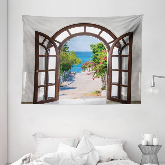 Beach Decor Tapestry, Ocean Sea View from Summer Italian Decor Home in Garden Image, Wall Hanging for Bedroom Living Room Dorm Decor, 80W X 60L Inches, Brown White and Light Blue, by Ambesonne
