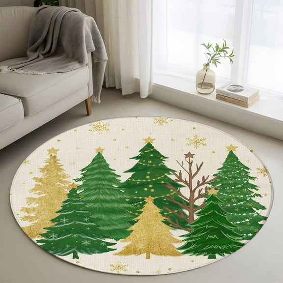 Green Christmas Tree Round Rug 3ft Washable Circle Entryway Rugs Non Slip Golden Xmas Tree Winter Snowflake Rustic Area Rug Indoor Floor Carpet for Bedroom Kitchen Office Dining Room Nursery