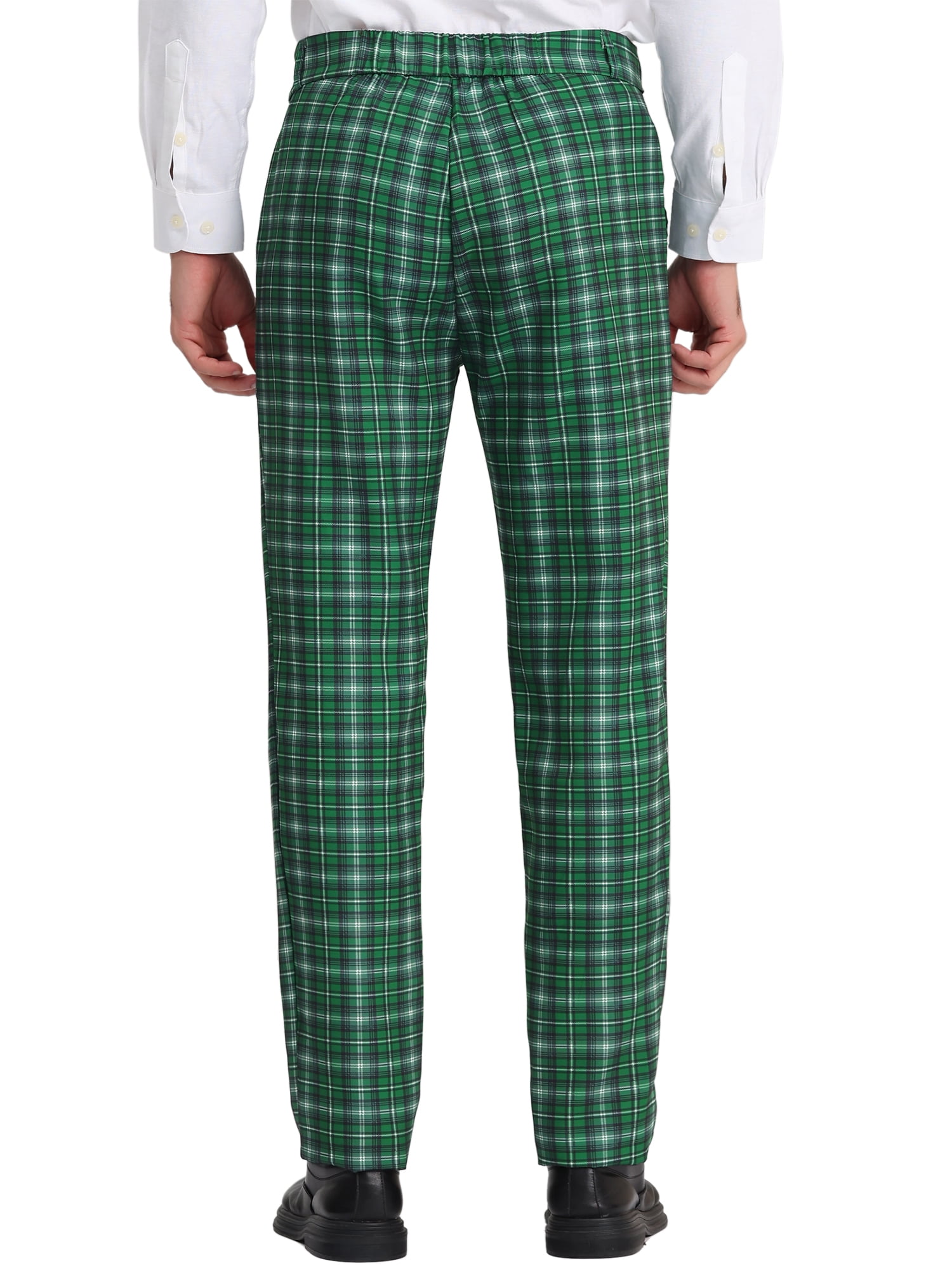 Unique Bargains Men's Checked Suit Pants Flat Front Elastic Waist Plaid Pants 32 Dark Green
