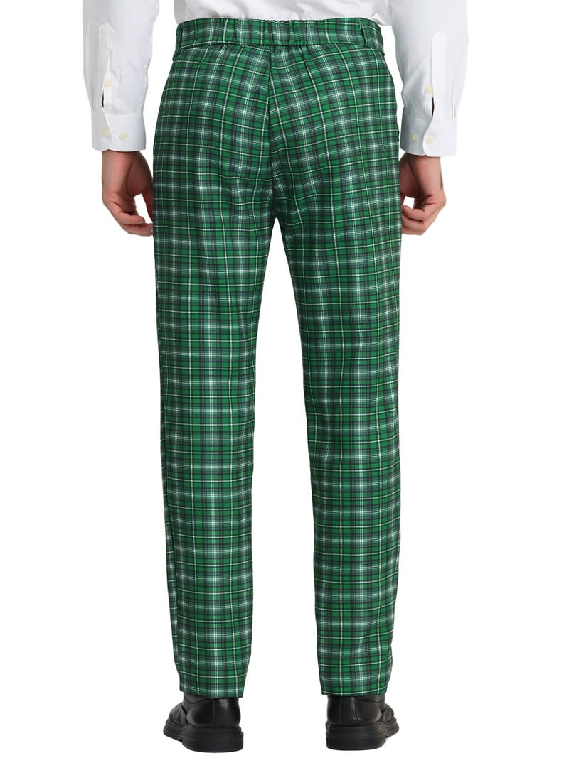 Unique Bargains Men's Plaid Dress Pants Flat Front Dark Green 36