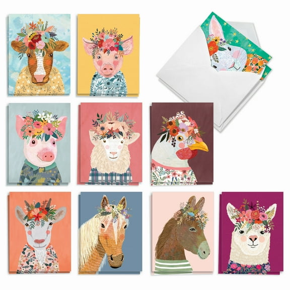The Best Card Company 20 Assorted Blank Note Cards Box Set 4 x 5.12 Inch with Envelopes (10 Designs, 2 Each) Farm Animals AM2812OCB-B2x10