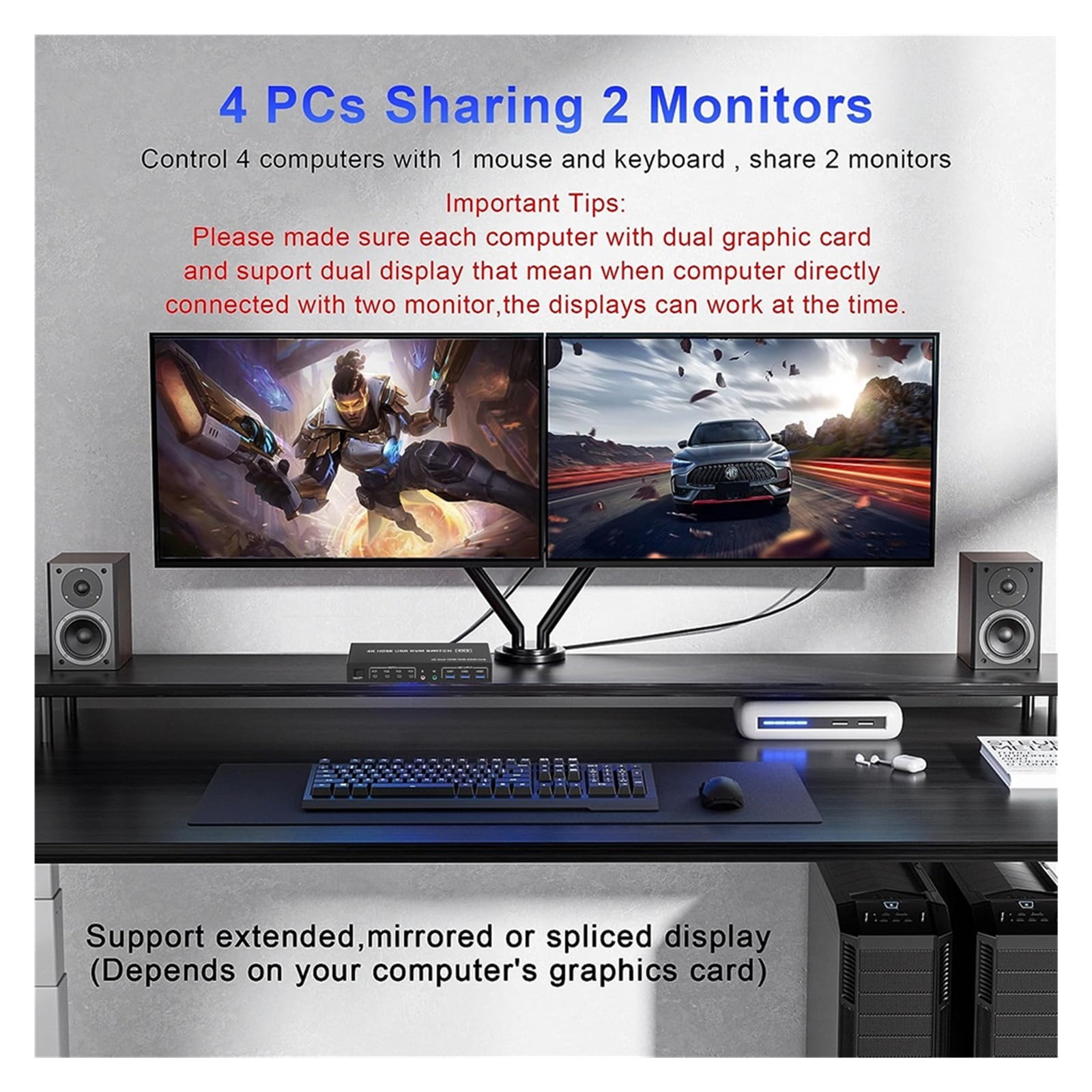 4 Port USB 3.0 KVM Switch 4X2 Dual Monitor 4K@60Hz Extended Display DP KVM Switch 4 In 2 Out For 4 PC Share Keyboard Mouse