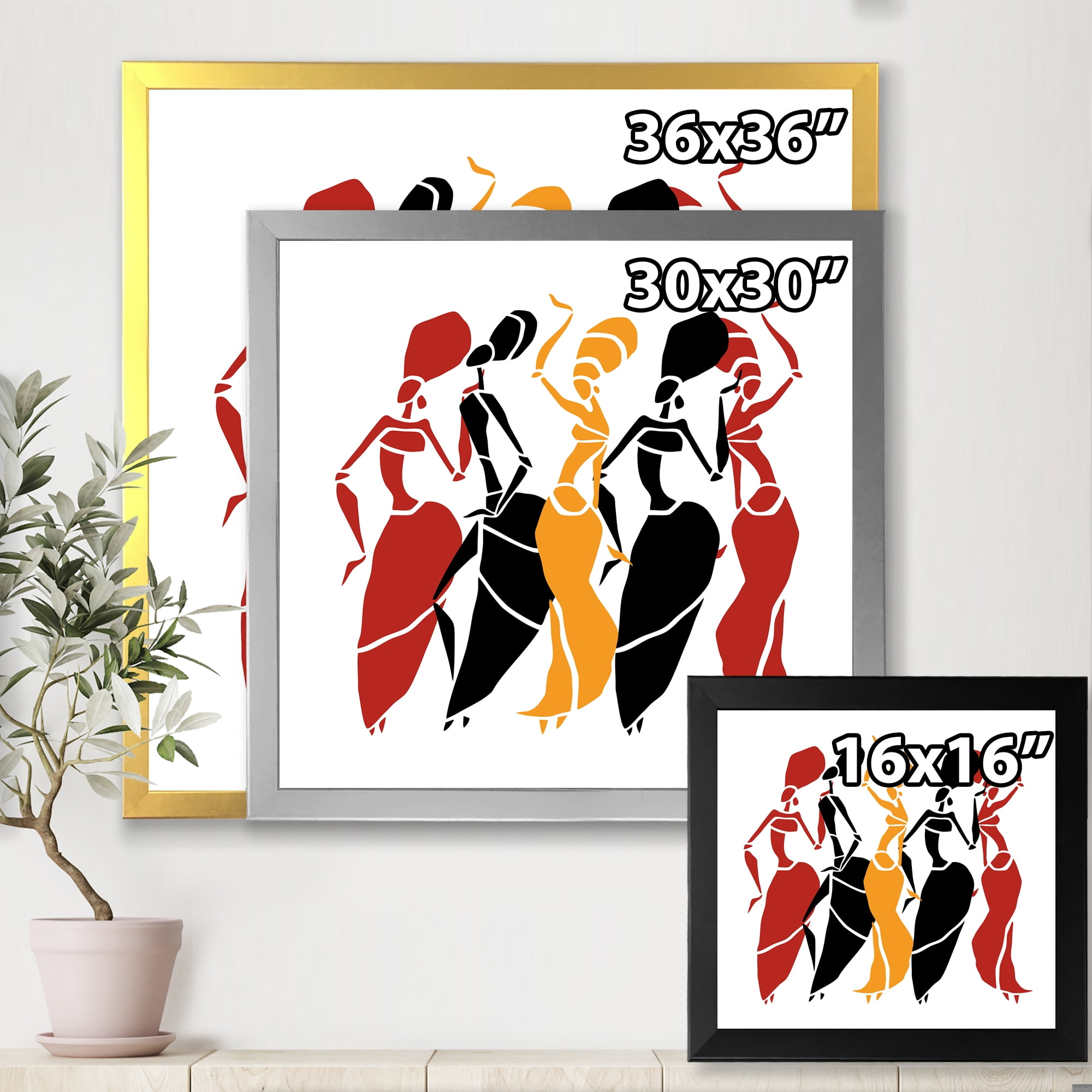Designart 'Beautiful Red Black and Yellow Dancers Afro American Silhouettes' Modern Framed Art Print