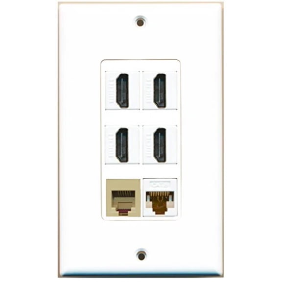 RiteAV - 4 Port HDMI 1 Phone RJ11 RJ12 Beige 1 Cat6 Ethernet White Wall Plate Decorative