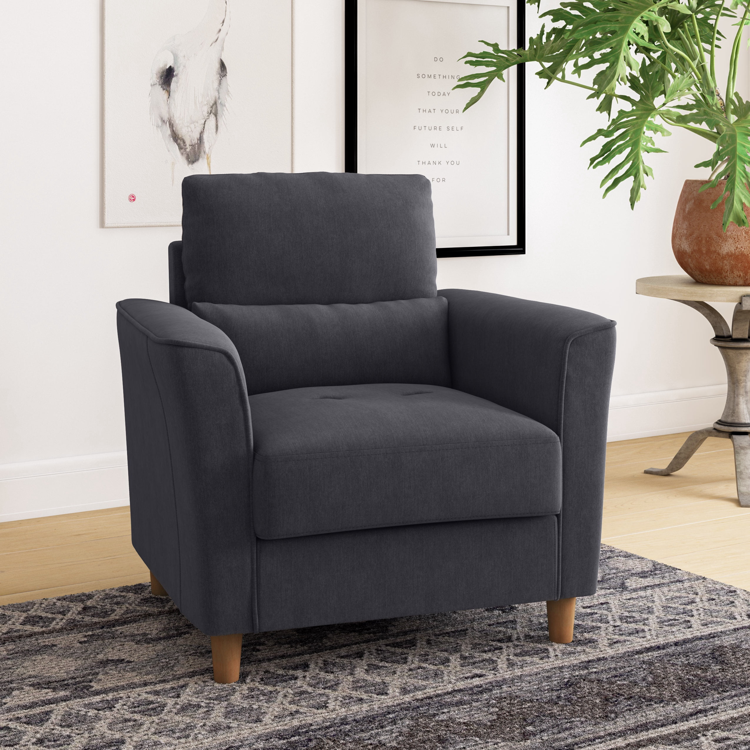 CorLiving Caroline Upholstered Indoor Accent Arm Chair with Flared Arms and Wood Legs, Dark Grey