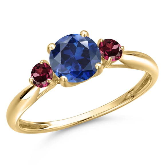 Gem Stone King 10K Yellow Gold Blue Created Sapphire and Red Rhodolite Garnet 3-Stone Ring for Women | 1.24 Cttw | Round 6MM | Gemstone September Birthstone | Size 8