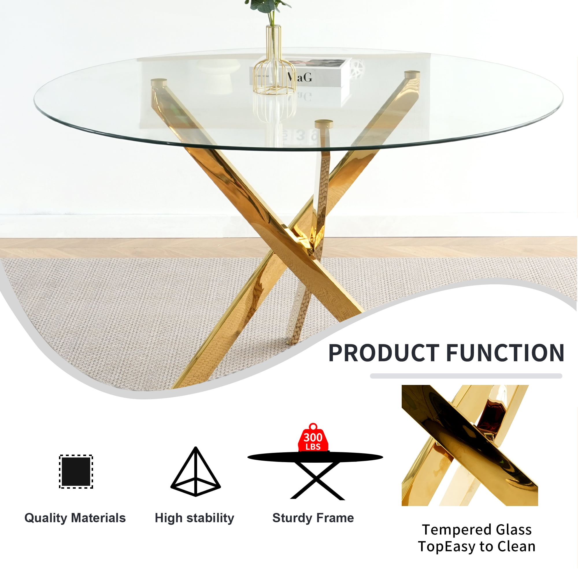 47" Modern Round Glass Dining Table with Golden Base